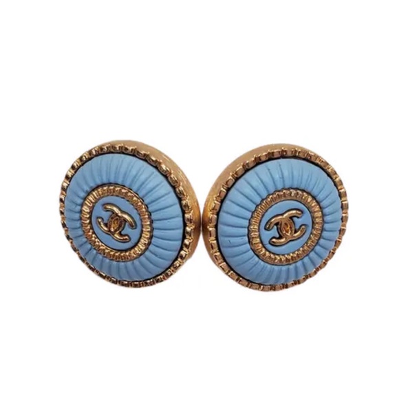 Chanel Blue Glitter CC Logo Round Clip On Earrings